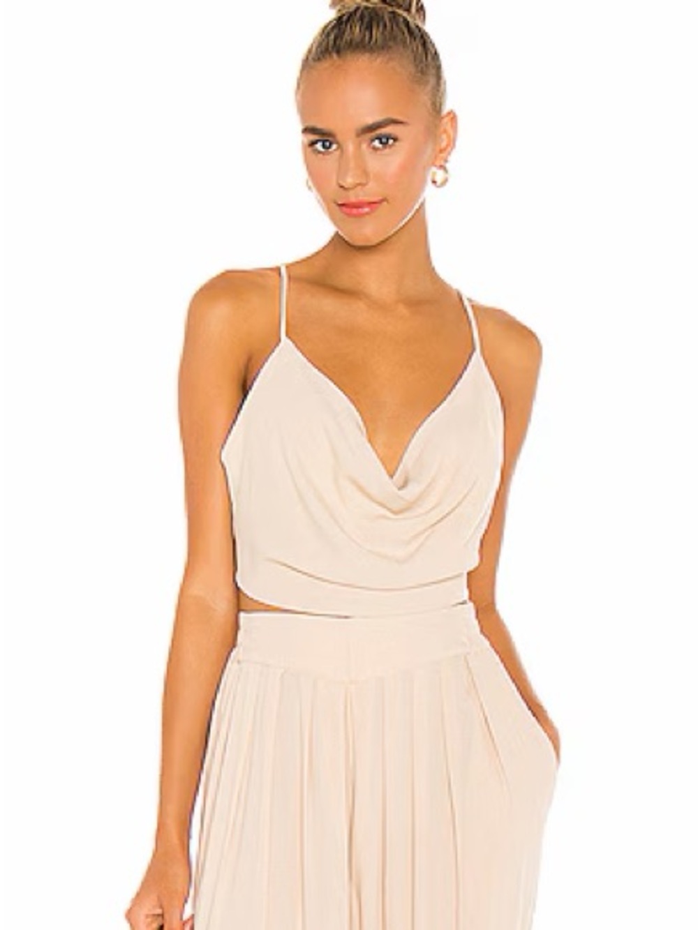 Indah Polina Solid 70s Cowl Neck Cami in Doe and Solid Pleated 80s Trouser Set